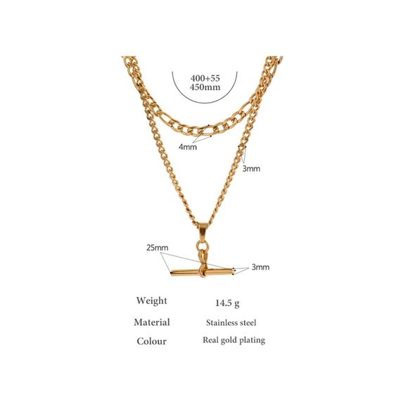 NEW 18K Gold Plated Double Layer Link Chain Bar Drop Necklace - Picture 4 of 4